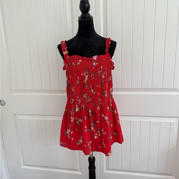 New Glory Tops - Floral Smocked Red Tank Top